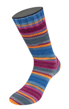 LANDLUST DIE SOCKENWOLLE | 128 - Fuchsia/Weinrot/Petrol/Orange/Grau/Graugrün/ Graublau Gestreift